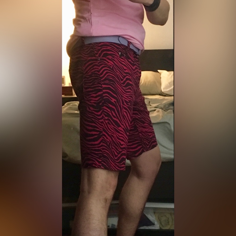 ASOS Pink Zebra print pattern Jean shorts denim slim stretch mens 30 small - Picture 3 of 13